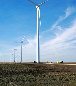 Photo of the 12.5 MW wind turbines at the Greensburg Wind Farm in Greensburg, Kansas.
