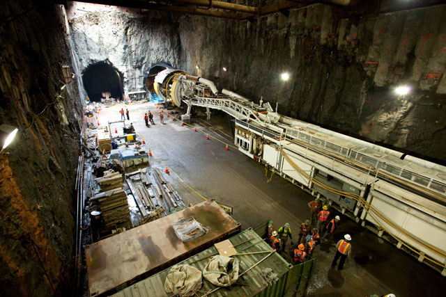 Looking south from the 7-story stairwell leading into the current site, at 92nd and 2nd Avenue. Notice the boring machine on the right leading into the southbound tunnel. (Jake Dobkin)