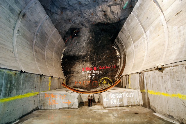 Looking down the short stretch of current tunnel- digging at 100ft per day, the machine should reach the 63rd Street end by next year, at which point it will return to this spot to dig the Northbound tunnel. (Jake Dobkin)