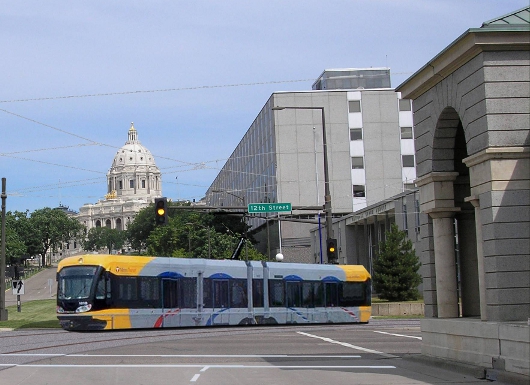 Central Corridor Light Rail: This image shows how the Central Corridor LRT trains will turn from 12th Street onto Cedar Street and head south toward downtown St. Paul. The Minnesota Capitol is in the background.
