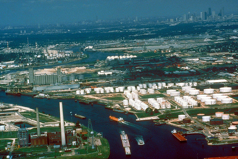 Aerial view of a small section of the Houston Ship Channel on Buffalo Bayou, which leads upstream directly into the city of Houston, Texas, USA. The downtown section of Houston can be seen at upper right. The city of Galena Park, Texas is at center right in this photograph. The U.S. Army Corps of Engineers dredges and maintains the channel for deepwater shipping. View is to the west. - U.S. Army Corps of Engineers Digital Visual Library