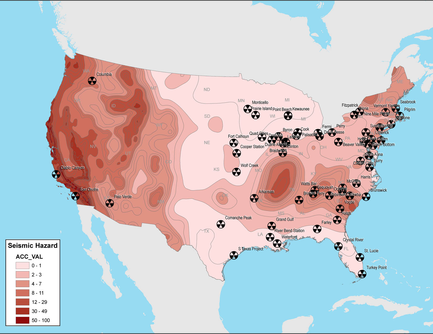 New maps of nuclear power plants and seismic hazards in the United States 