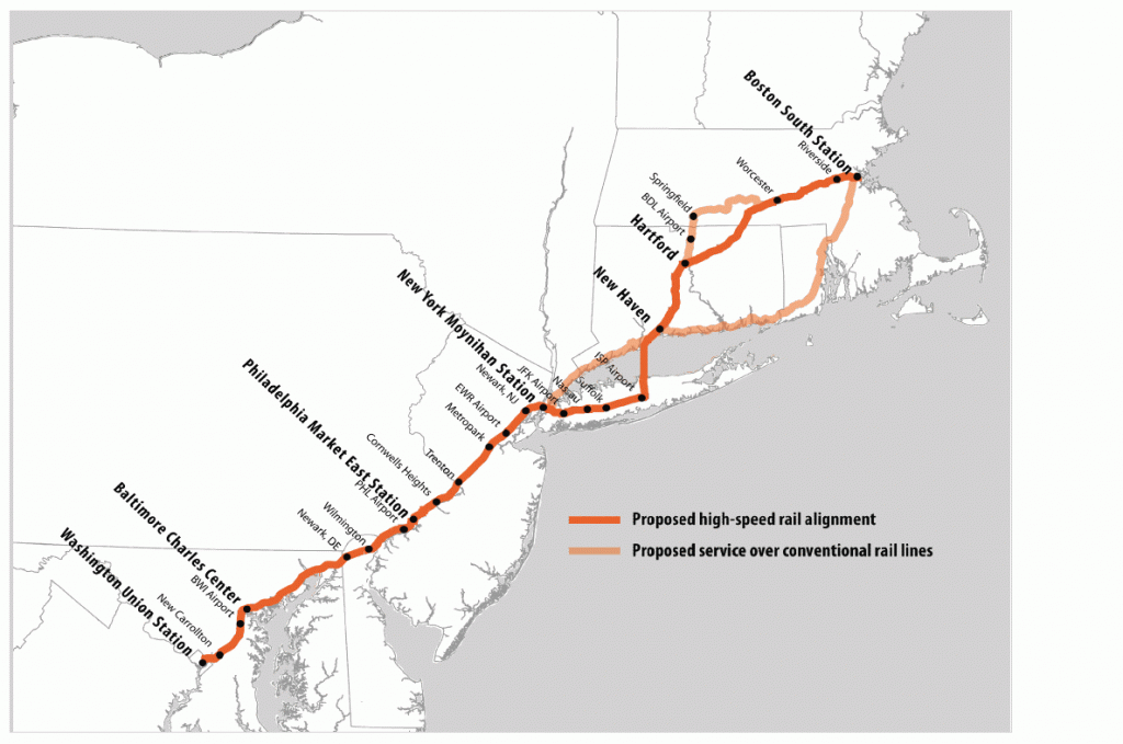 Proposed alignment: The new system will run on two new dedicated high-speed tracks from Boston to Washington, with upgraded conventional tracks providing additional service.