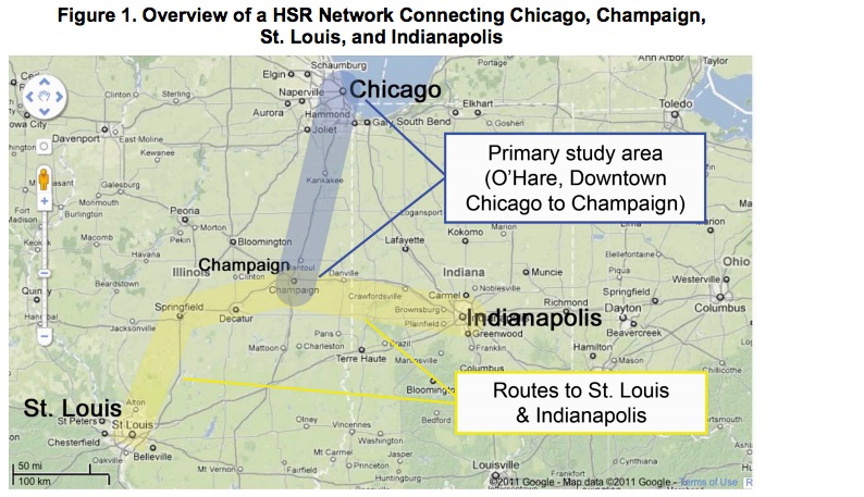 Figure 1. Overview of a HSR Network Connecting Chicago, Champaign,  St. Louis, and Indianapolis 