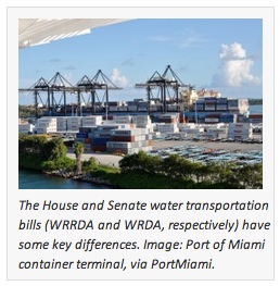 The House and Senate water transportation bills (WRRDA and WRDA, respectively) have some key differences. Image: Port of Miami container terminal, via PortMiami.