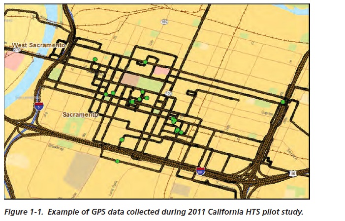 Figure 1-1. Example of GPS data collected during 2011 California HTS pilot study.