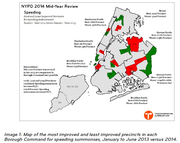 Image 1: Map of the most improved and least improved precincts in each Borough Command for speeding summonses, January to June 2013 versus 2014.