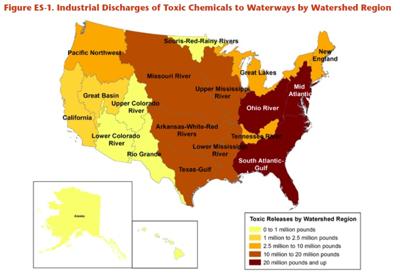 Figure ES-1. Industrial Discharges of Toxic Chemicals to Waterways by Watershed Region