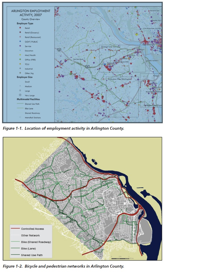 Figures 1-1 and 1-2: Location of employment activity in Arlington County &  Bicycle and pedestrian networks in Arlington County