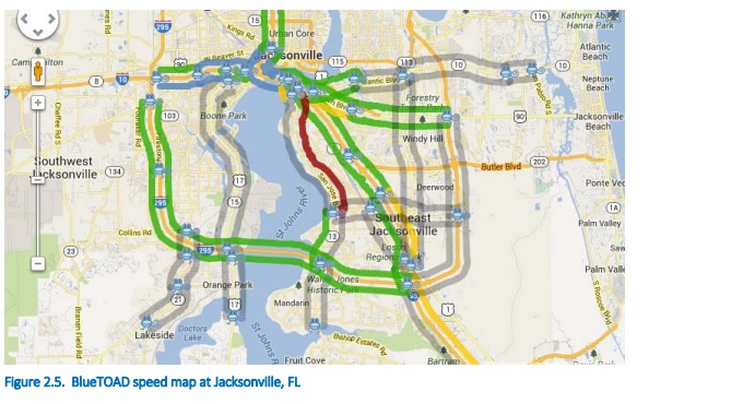 Figure 2.5.  BlueTOAD speed map at Jacksonville, FL