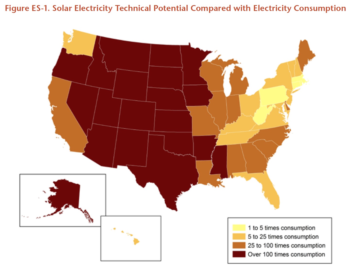 Figure ES-1. Solar Electricity Technical Potential Compared with Electricity Consumption