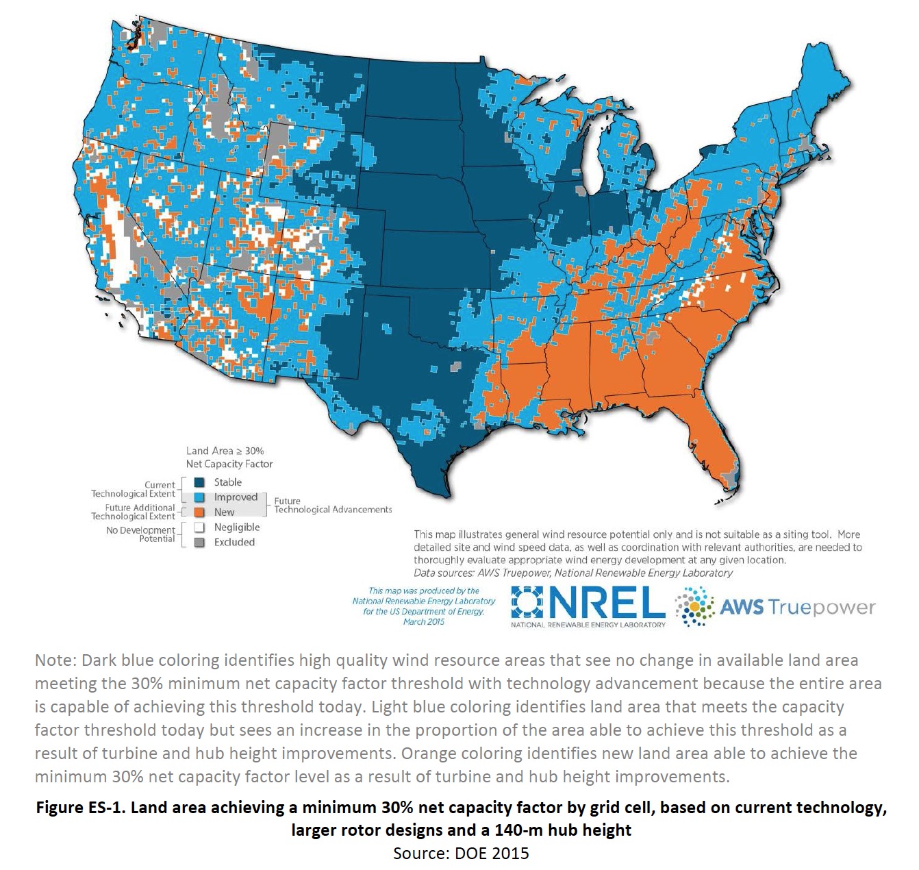 Figure ES-1. Land area achieving a minimum 30% net capacity factor by grid cell, based on current technology, larger rotor designs and a 140-m hub height