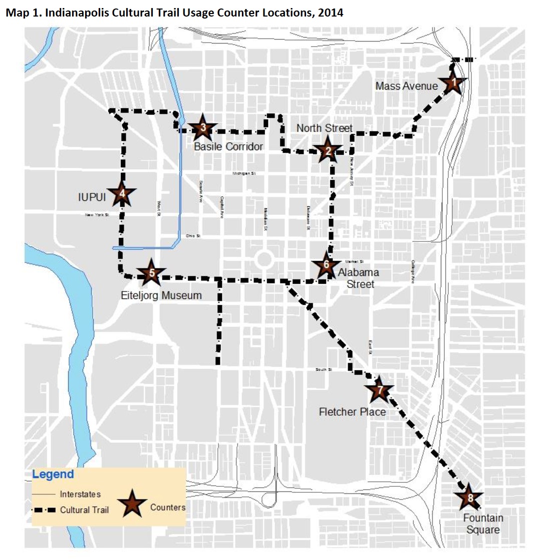 Map 1. Indianapolis Cultural Trail Usage Counter Locations, 2014