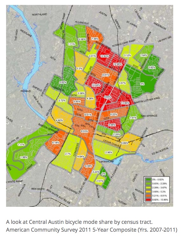 A look at Central Austin bicycle mode share by census tract. American Community Survey 2011 5-Year Composite (Yrs. 2007-2011)