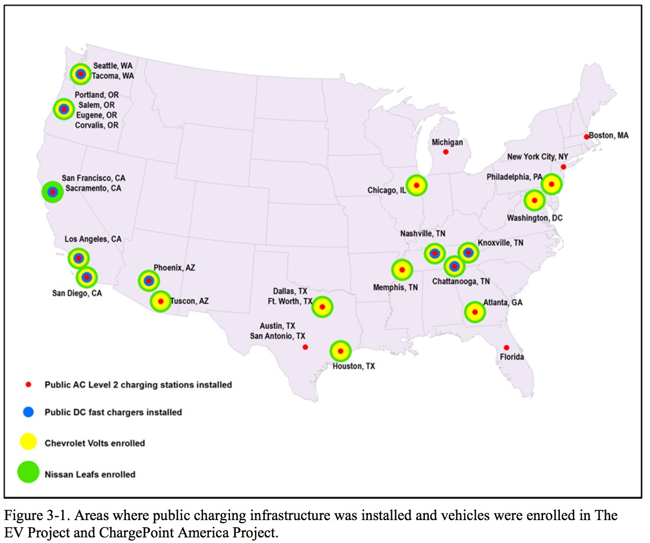 Figure 3-1. Areas where public charging infrastructure was installed and vehicles were enrolled in The EV Project and ChargePoint America Project. 