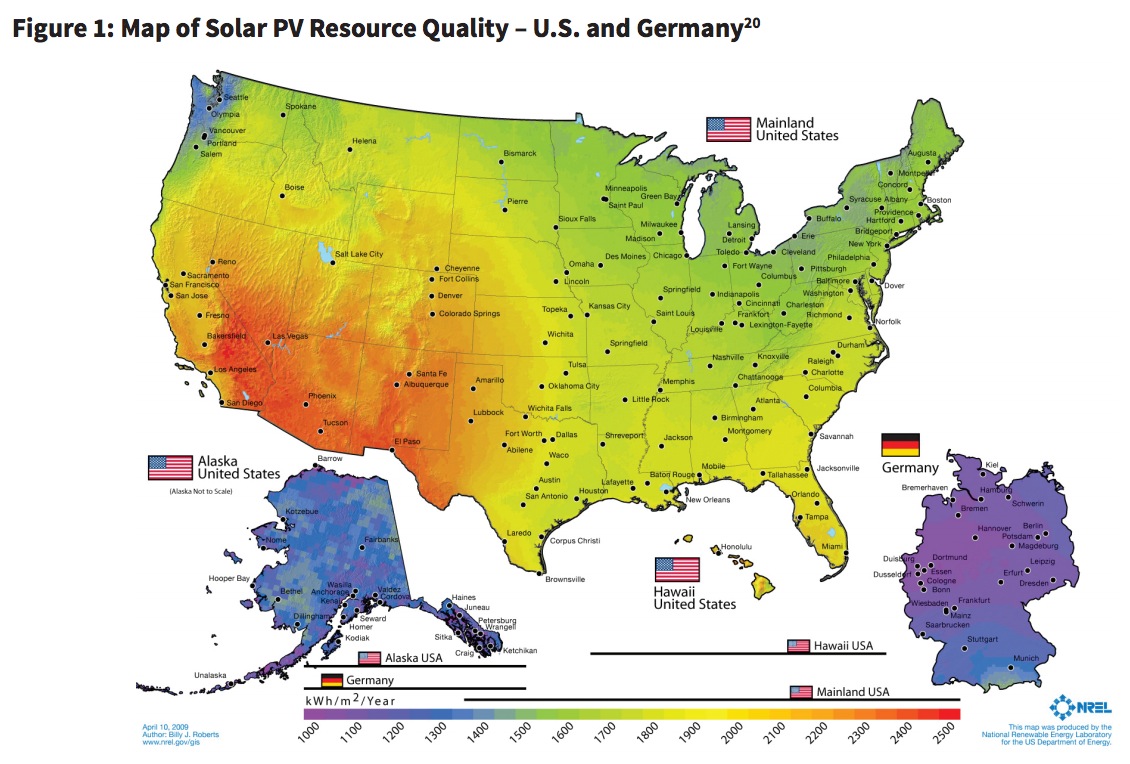 Figure 1: Map of Solar PV Resource Quality – U.S. and Germany20