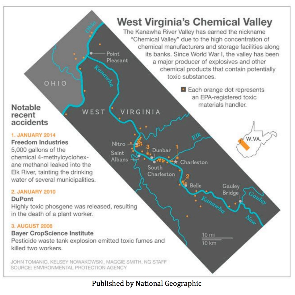 map of recent spills and locations of potential threats to water supplies along the Kanawha and Elk Rivers, which includes Freedom Industries