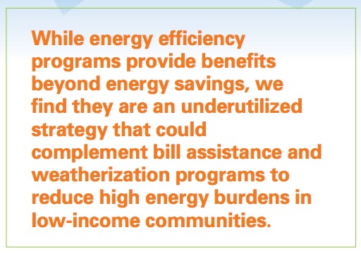 While energy efficiency programs provide benefits beyond energy savings, we find they are an underutilized strategy that could complement bill assistance and weatherization programs to reduce high energy burdens in low-income communities.