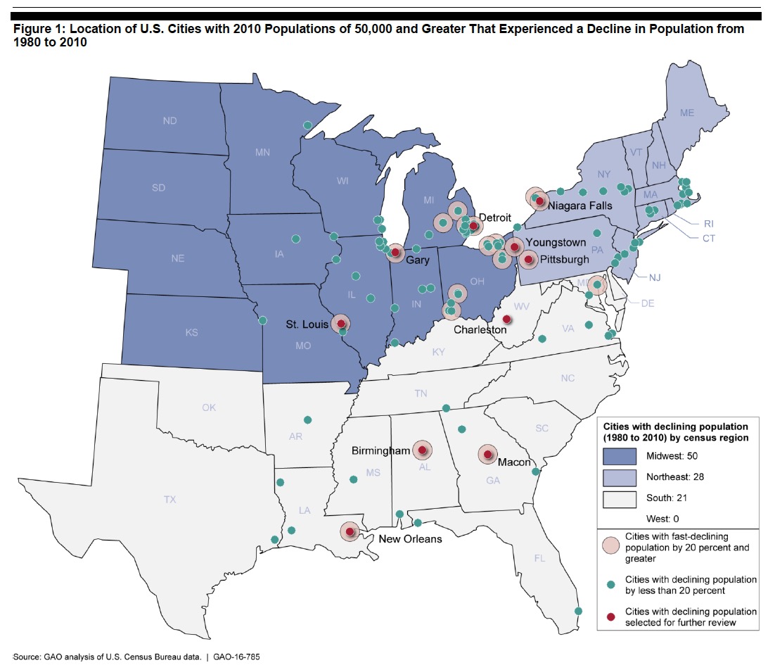 Figure 1: Location of U.S. Cities with 2010 Populations of 50,000 and Greater That Experienced a Decline in Population from 1980 to 2010