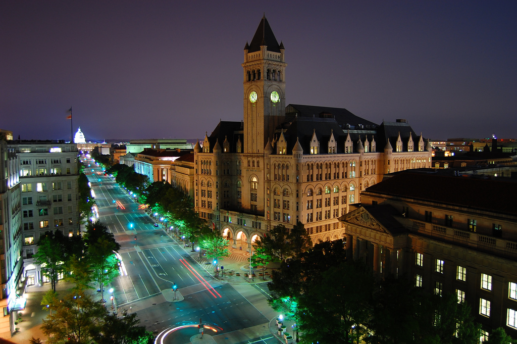 Photo by Wyn Van Devanter - Looking southeast down Pennsylvania Avenue in Washington, D.C. Visible landmarks include the Old Post Office Pavilion (center) and United States Capitol.