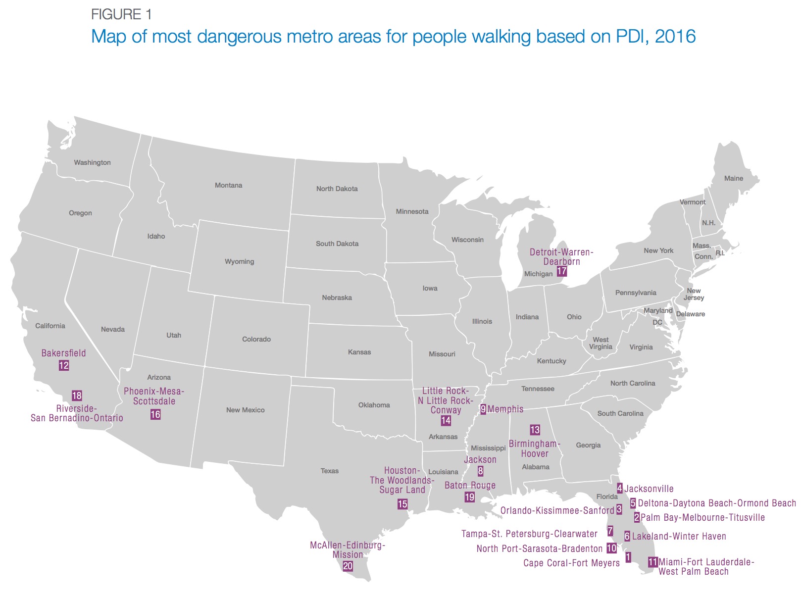 FIGURE 1: Map of most dangerous metro areas for people walking based on PDI, 2016