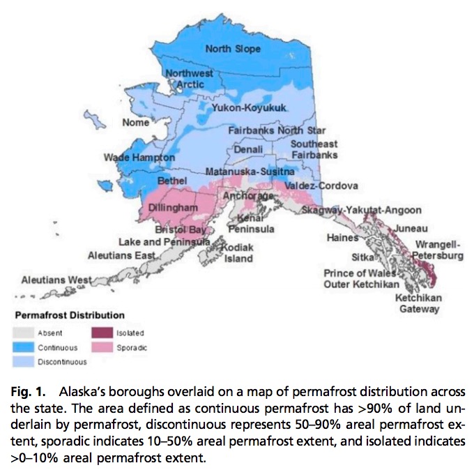 Fig. 1. Alaska’s boroughs overlaid on a map of permafrost distribution across the state.