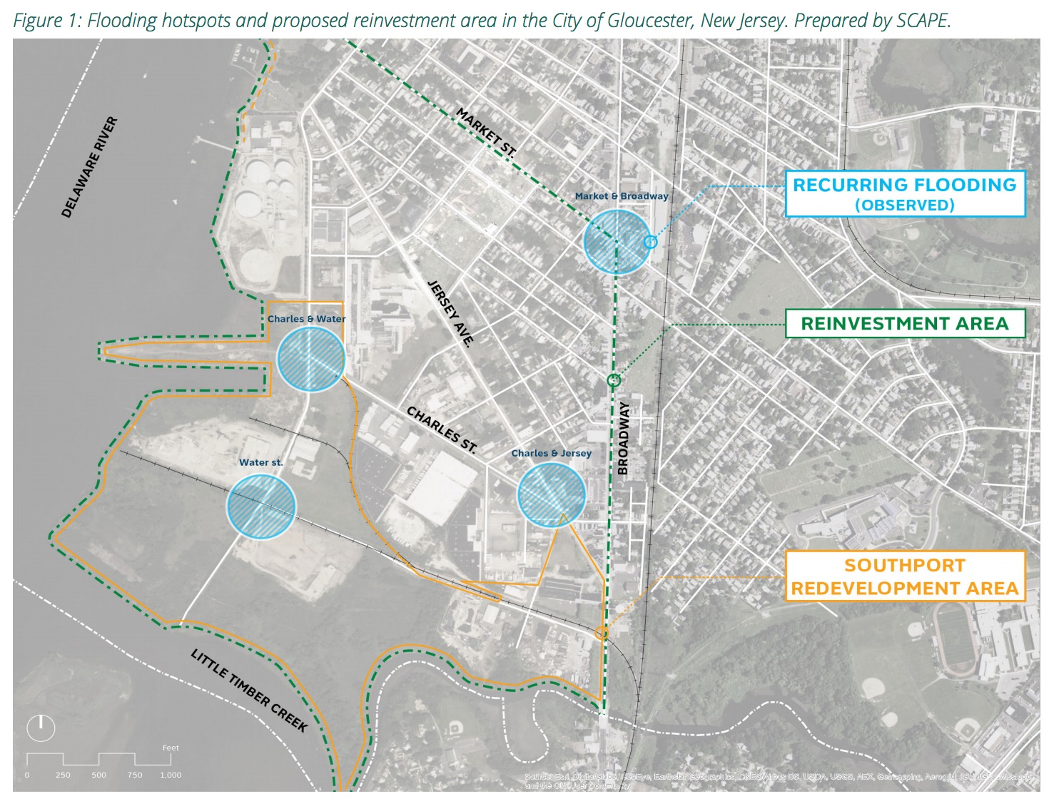 Figure 1: Flooding hotspots and proposed reinvestment area in the City of Gloucester, New Jersey. Prepared by SCAPE.